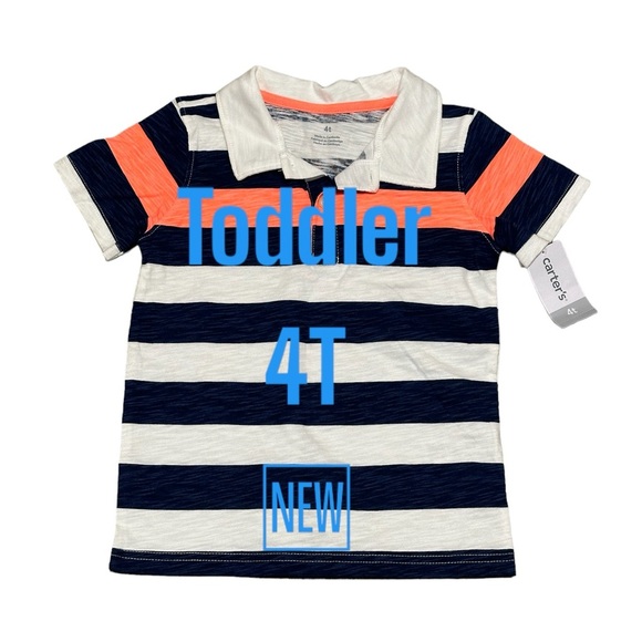 Boys Carters Toddler 4T Polo Shirt Top Stripes Blue Neon Orange Short Sleeve NWT - Picture 2 of 7